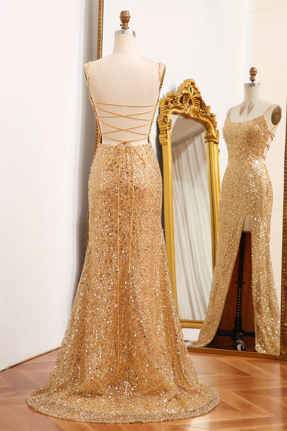 Luolandi Golden Mermaid Spaghetti Straps Sparkly Sequin Prom Dress With Slit Sexy Evening Dresses