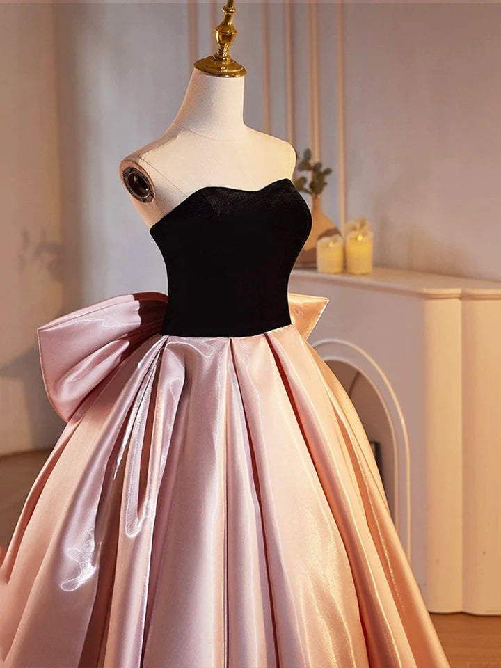 Luolandi Black Velvet and Pink Satin Floor Length Prom Dress Beautiful A-Line Strapless Party Dress With Bow