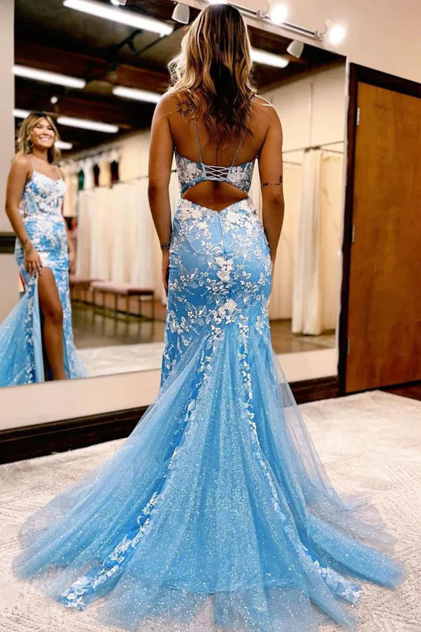 Luolandi Blue Open Back Mermaid Lace Prom Dress with Slit And Appliques Floor Length Beautiful