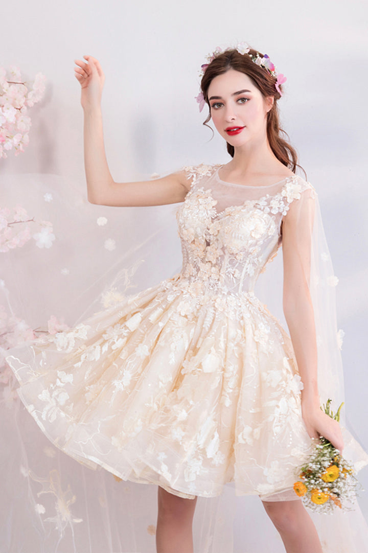 Luolandi Charming Tulle Lace Short Prom Dresses A-Line Lace Party Dresses With Flowers