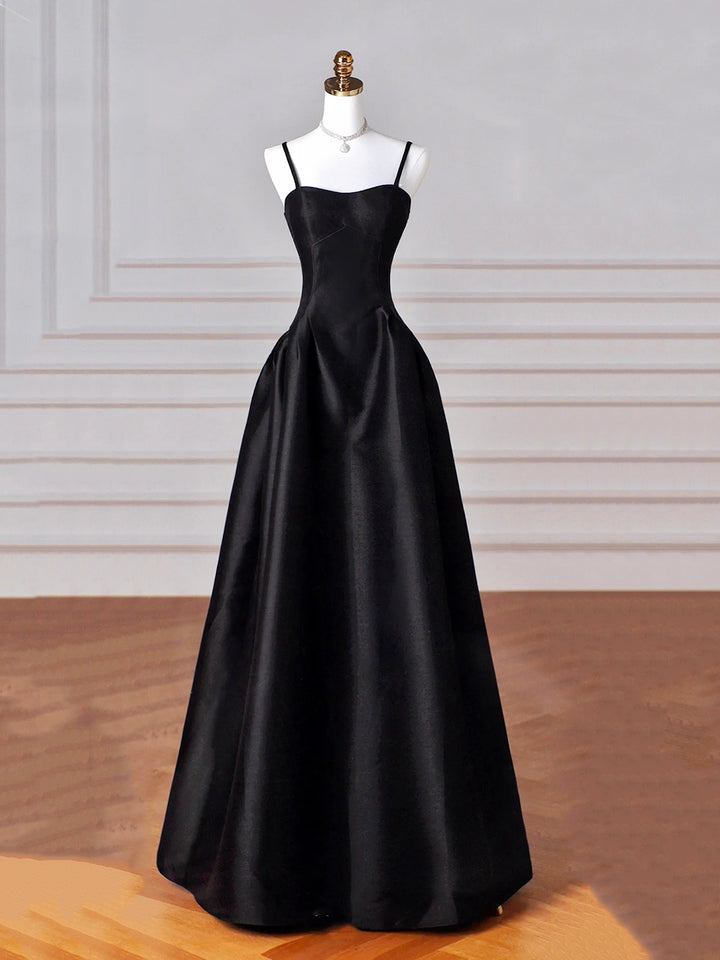 Luolandi Black Spaghetti Strap Satin Long Prom Dress A-Line Evening Dress Floor Length