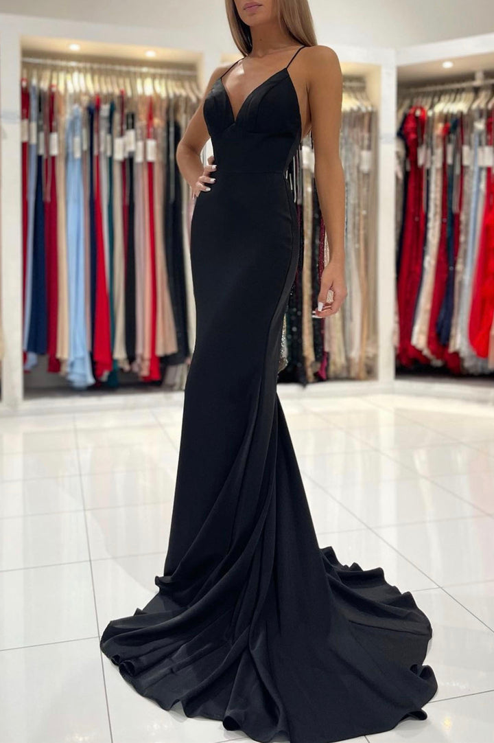 Luolandi Black V-Neck Long Mermaid Prom Dress Backless Evening Dress Sexy