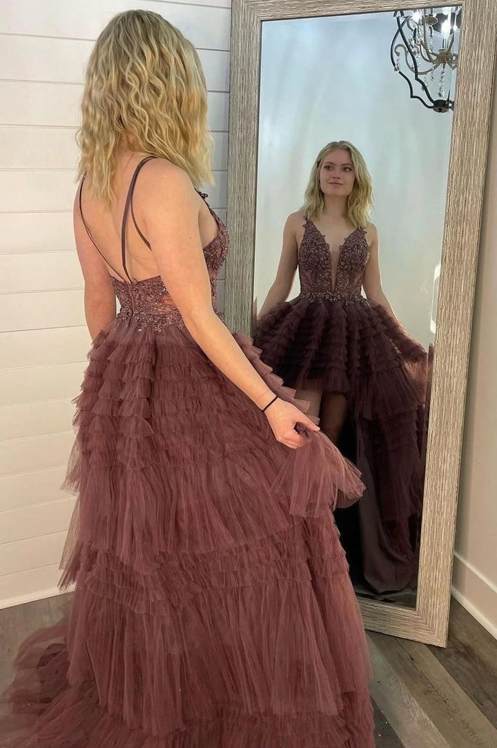 Luolandi A-Line Lace High Low Prom Dress V-Neck Lace Evening Dress Sexy