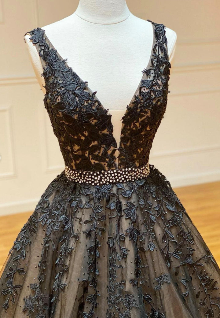 Luolandi Black V-Neck Lace Long Prom Dresses A-Line Evening Dresses Sexy