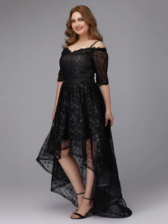 Luolandi A-Line Plus Size Cocktail Party Prom Dress Spaghetti Strap Half Sleeve Asymmetrical Lace with Pleats Lace