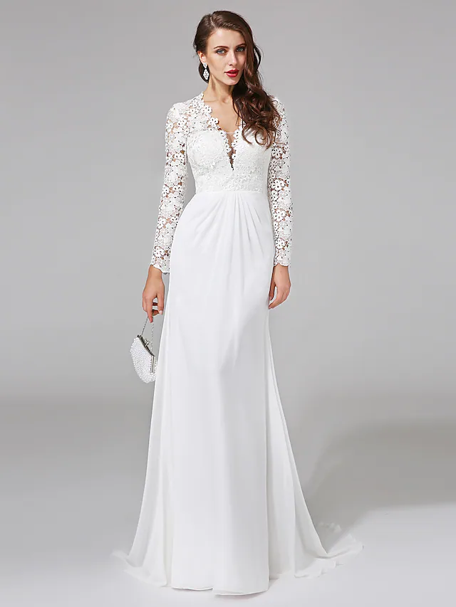 Luolandi Wedding Dresses V NeckChiffon Floral Lace Long Sleeve Romantic Boho Illusion Sleeve with Lace