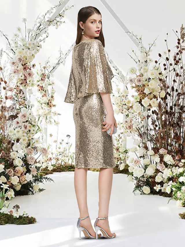 Luolandi Glittering Sparkle Graduation Cocktail Party Dress V Neck Half Sleeve Knee Length Sequined