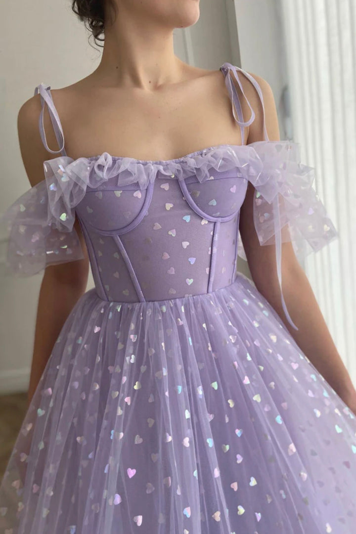 Luolandi Purple Tulle Short Prom Dresses A-Line Off the Shoulder Evening Dresses Beautiful