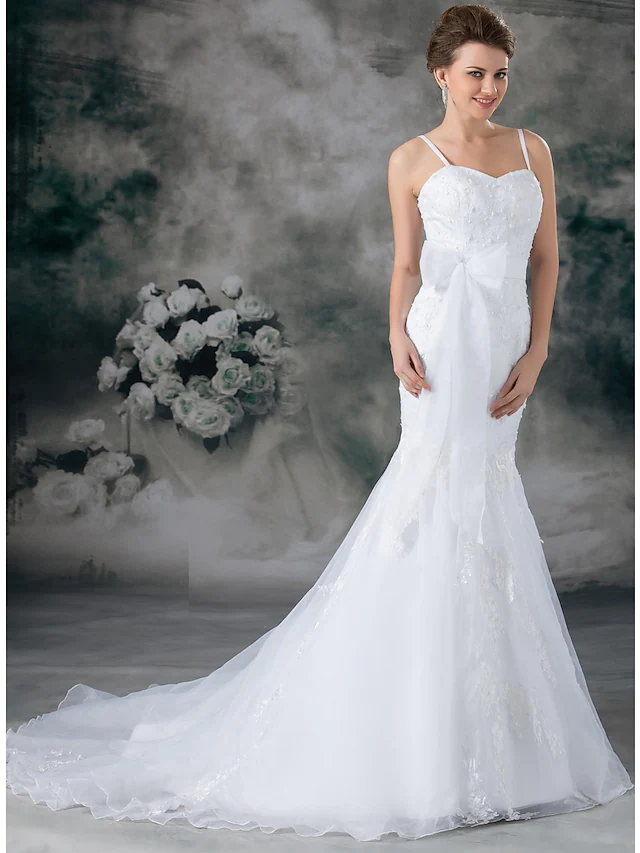Luolandi Wedding Dresses Sweetheart Neckline Chapel Train Lace Organza Satin Spaghetti Strap with Sashes Ribbons Bow(s)