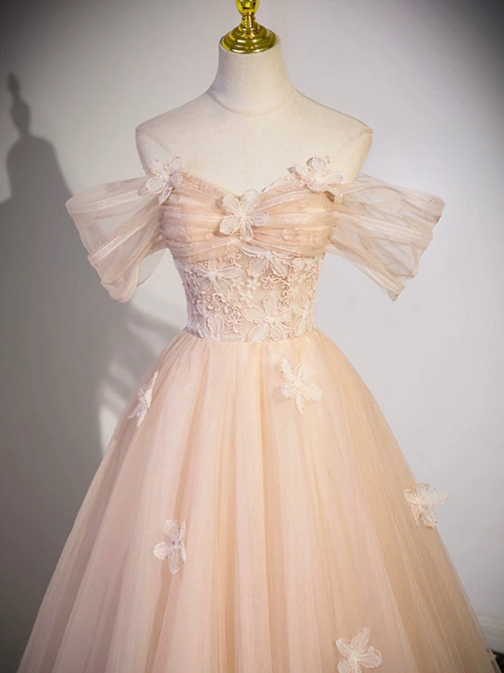 Luolandi Tulle Floor Length Prom Dress Beautiful Off the Shoulder Evening Party Dress With Flowers