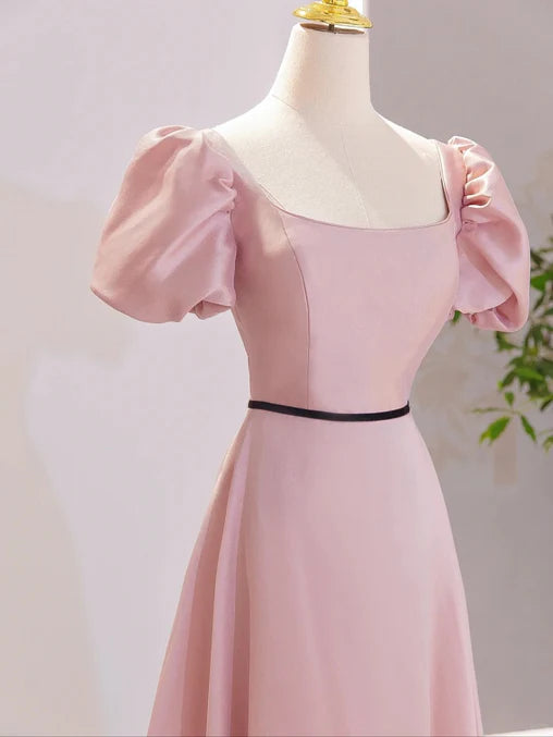 Luolandi Pink A-line Short Sleeves Floor Length Party Dress Satin Prom Dress Formal Dress december wedding guest dress