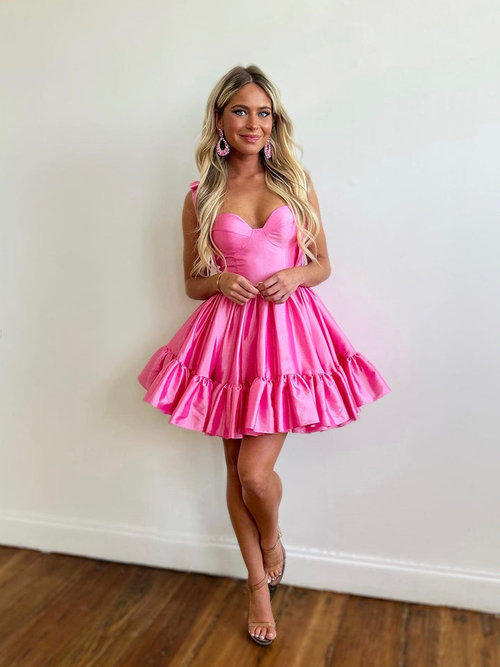 Luolandi Hot Pink Sweetheart Straps Sleeveless A Line Short Homecoming Dresses with Ruffle