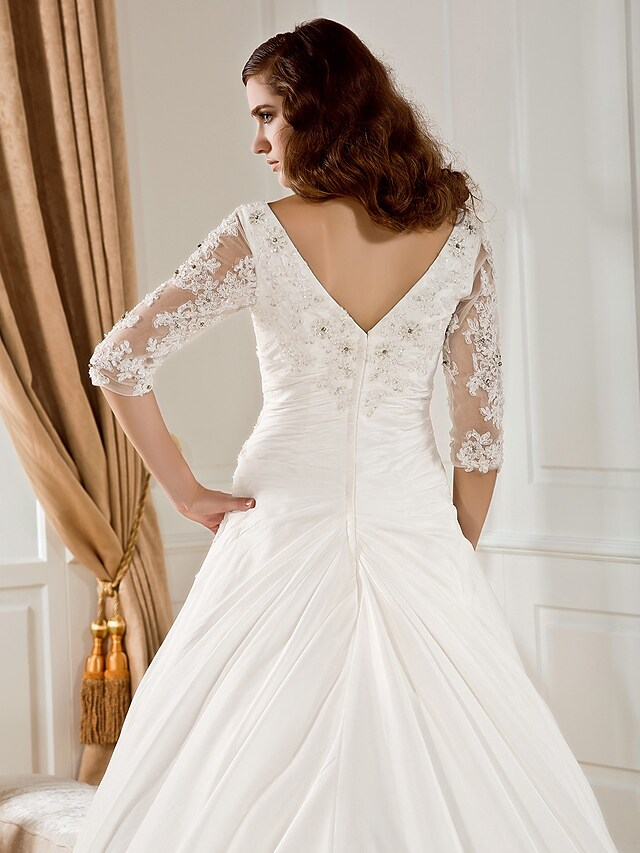Luolandi Ball Gown Wedding Dresses V Neck Chapel Train Taffeta Half Sleeve See-Through with Ruched Beading