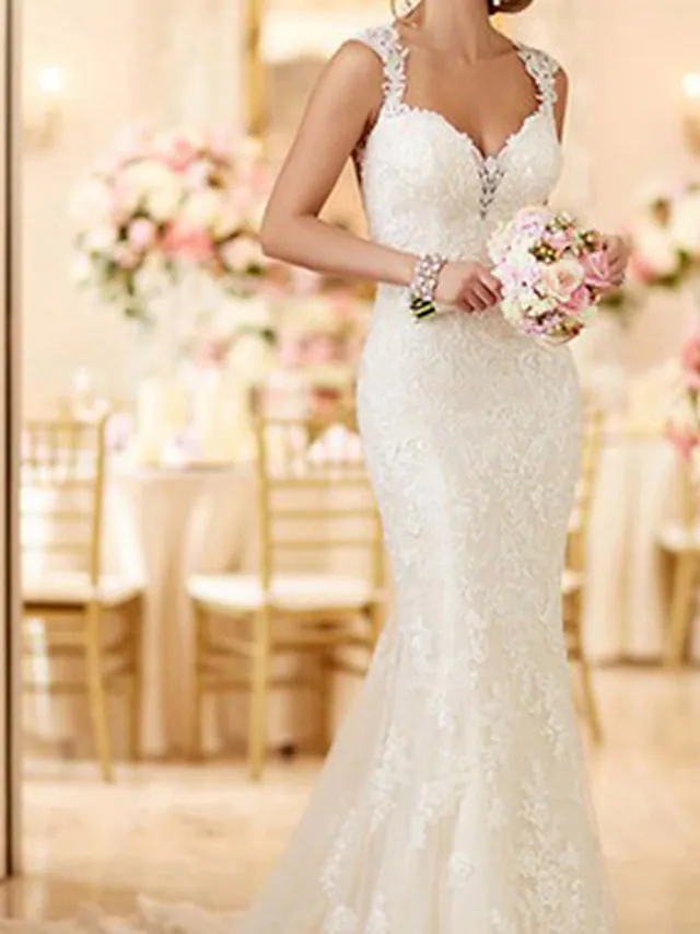 Luolandi Wedding Dresses V Neck Lace Spaghetti Strap Mordern Sexy Backless Long