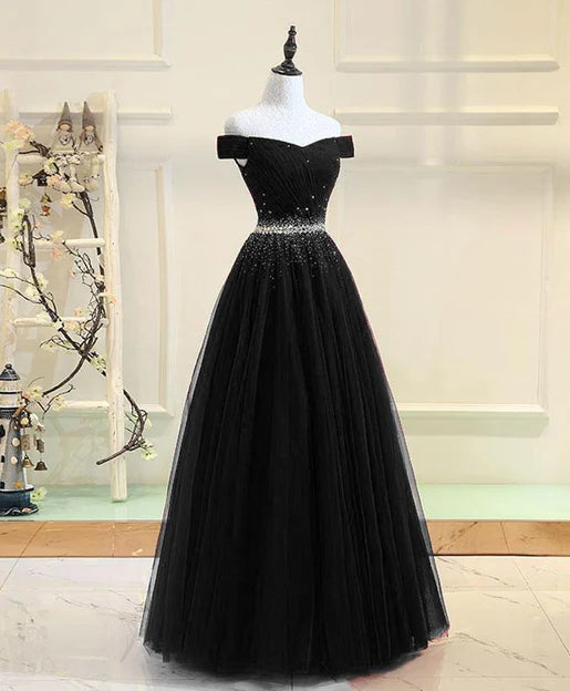 Luolandi Black Tulle Off Shoulder Beaded Party Dress New Dress for Party Elegant Evening Dress