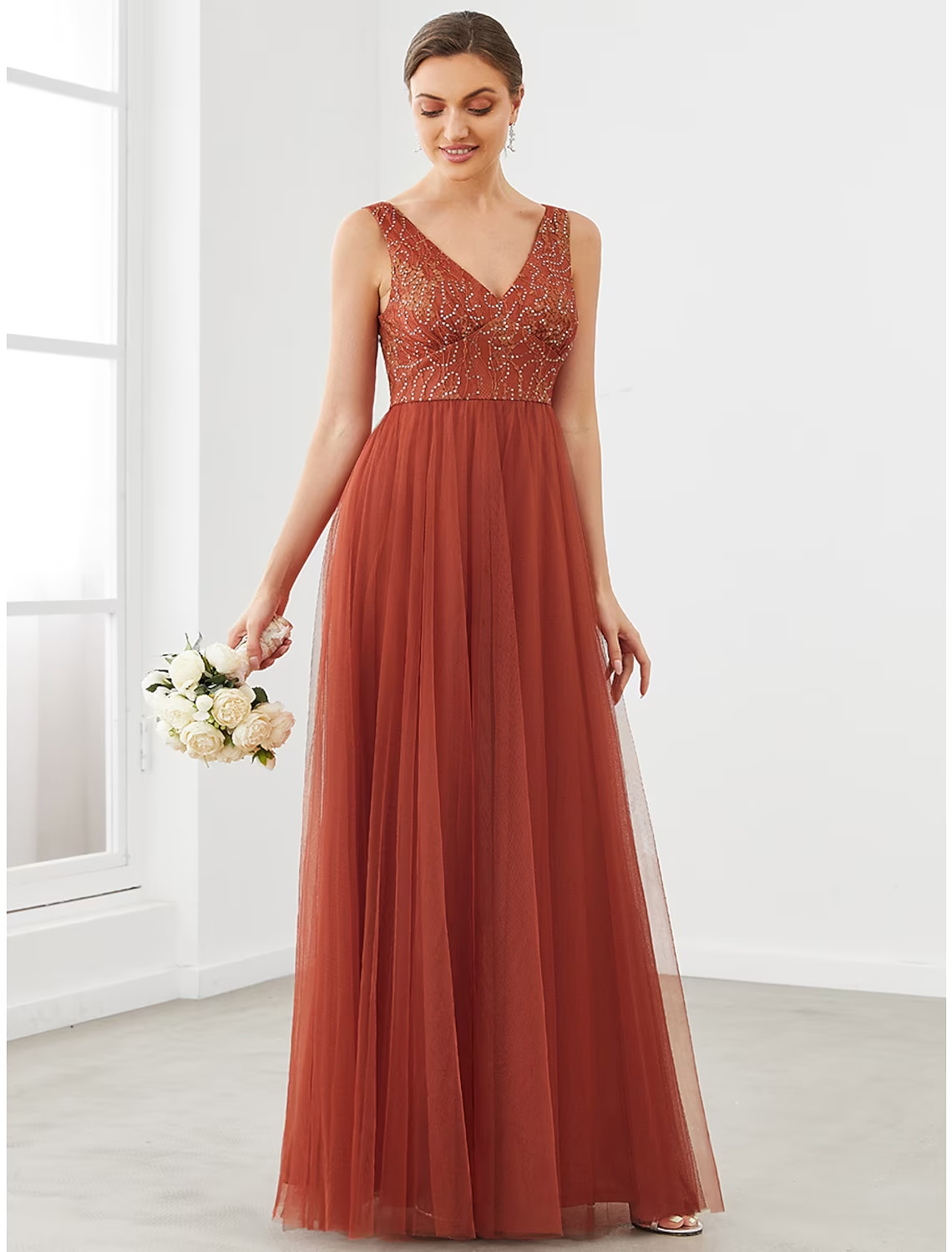 Luolandi A-Line Prom Dresses Elegant Dress Homecoming Floor Length Sleeveless V Neck Tulle with Draping Bridesmaid Dress