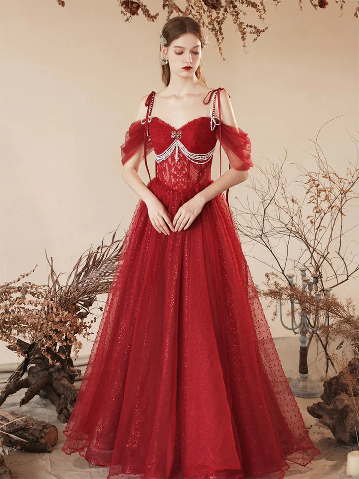 Luolandi Dark Red Tulle Beaded Long Prom Dress Beautiful Off the Shoulder Evening Party Dress Sexy