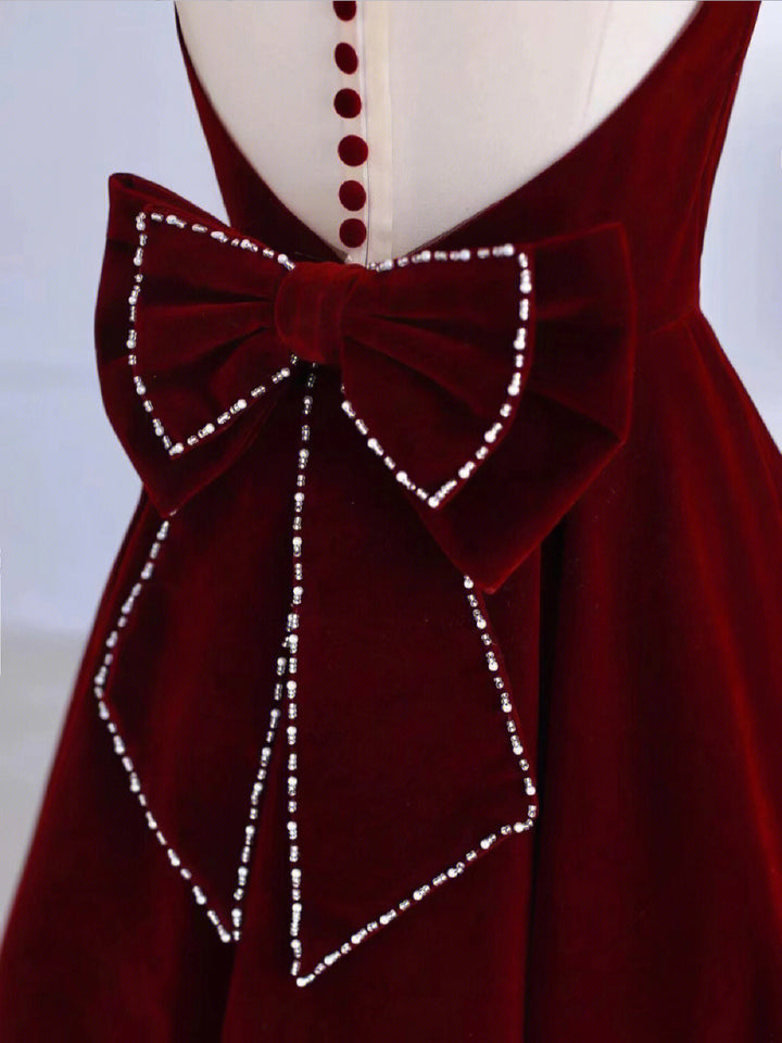 Luolandi Burgundy Tea Length Velvet Prom Dress with Bowknot Burgundy Evening Party Dress Beautiful