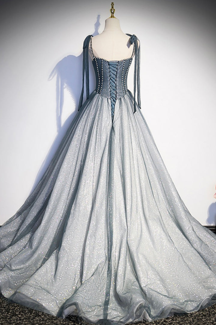 Luolandi Gray Spaghetti Straps Long A-Line Prom Dress Gray Evening Dress with Beaded Sparkly