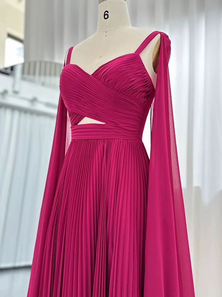 Luolandi Fuchsia Chiffon Long Evening Dresses with Cape Sleeves Elegant Spaghetti Strap V-Neck Party Formal Dresses Sexy
