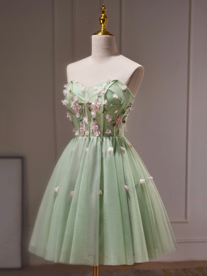 Luolandi Green Tulle Beaded Party Dress Green Short Prom Dress with Flowers Homecoming Dresses