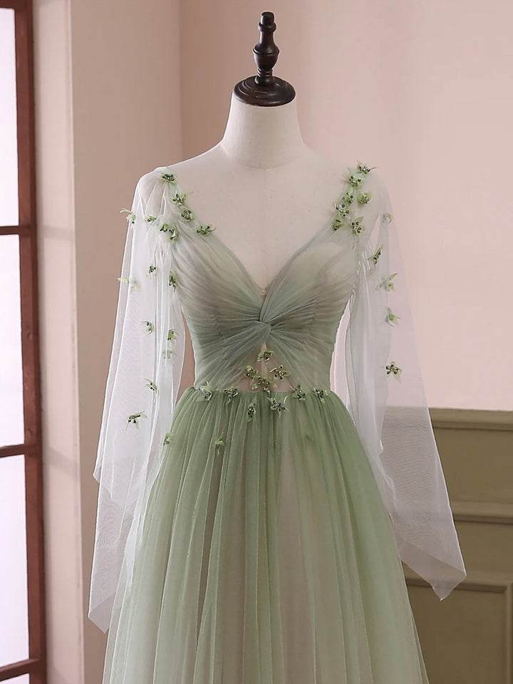 Luolandi Light Green Tulle Long Sleeve Prom Dress Gradient Floor Length Evening Dress