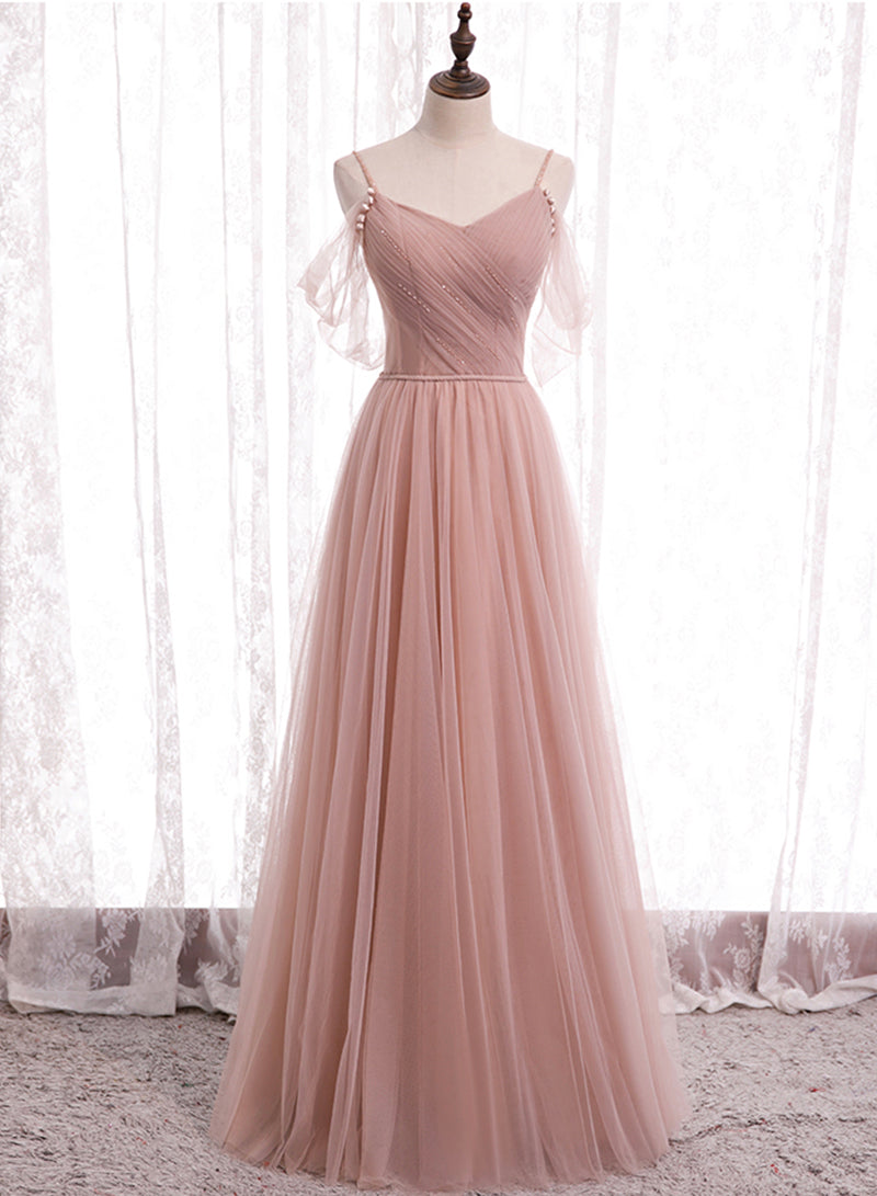 Luolandi Pink Tulle Long Prom Dresses A-Line Evening Party Dresses Elegant Bridesmaid Dresses