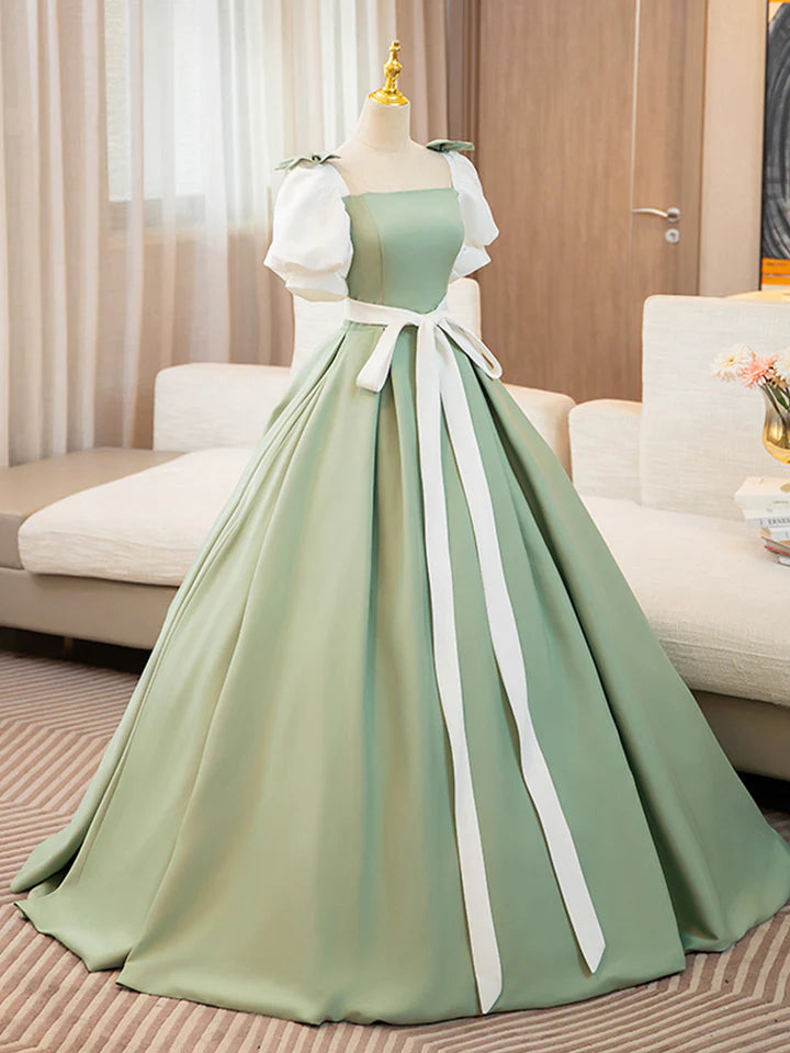 Luolandi and Green Satin Long Prom Dress A-Line Short Sleeve Evening Party Dress Beautiful