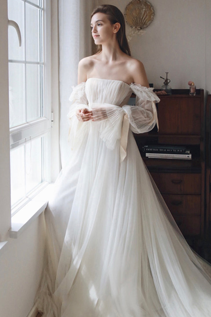 Luolandi Tulle Off the Shoulder Prom Dress A-Line Long Sleeve Evening Dress Party Dress