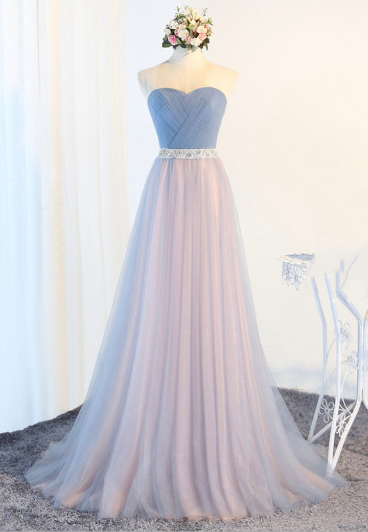 Luolandi Blue Tulle Long Prom Dresses A-Line Strapless Evening Dresses Off Shoulder