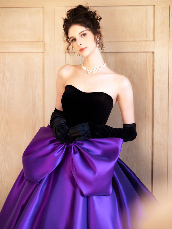 Luolandi Velvet and Satin Long Prom Dress Beautiful A-Line Strapless Party Dress wit Bow Without gloves