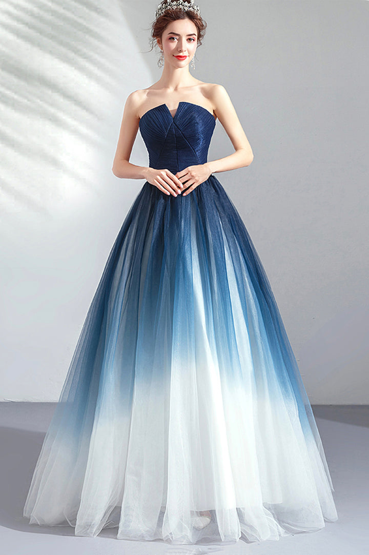 Luolandi Blue Gradient Tulle Long Party Dresses A-Line Elegant Lace-Up Prom Dresses Off Shoulder