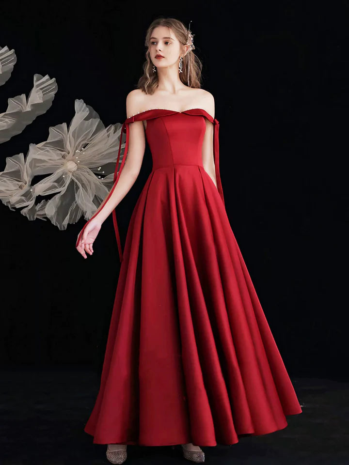 Luolandi Burgundy Satin Long Prom Dress Beautiful A-Line Off the Shoulder Evening Party Dress Sexy