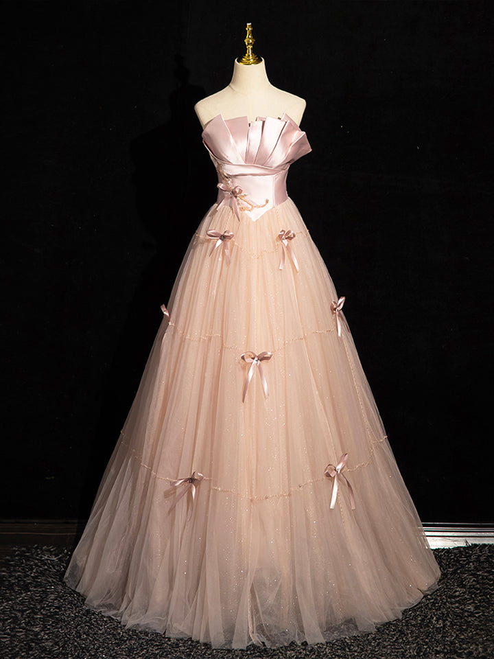 Luolandi Pink Strapless Satin Tulle Long Prom Dress with Bow Beautiful A-Line Formal Party Dress Off Shoulder