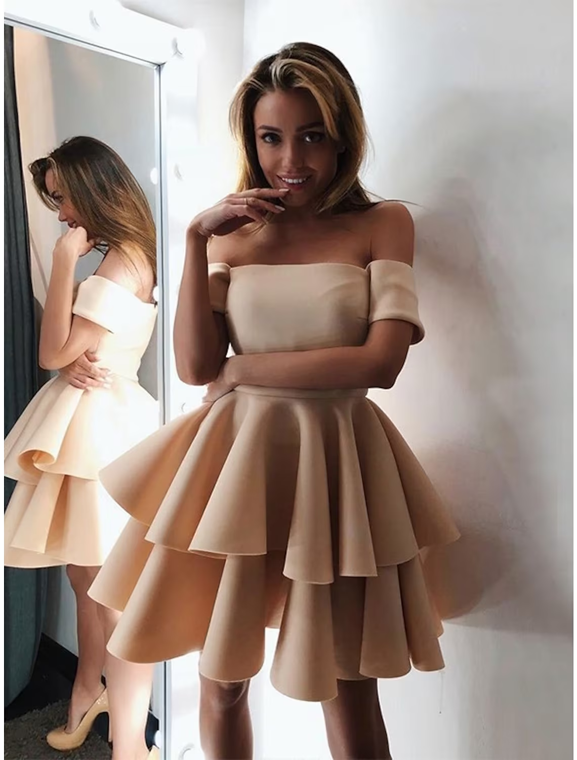 Luolandi A-Line Cocktail Dresses Minimalist Dress Engagement Knee Length Short Sleeve Off Shoulder Satin