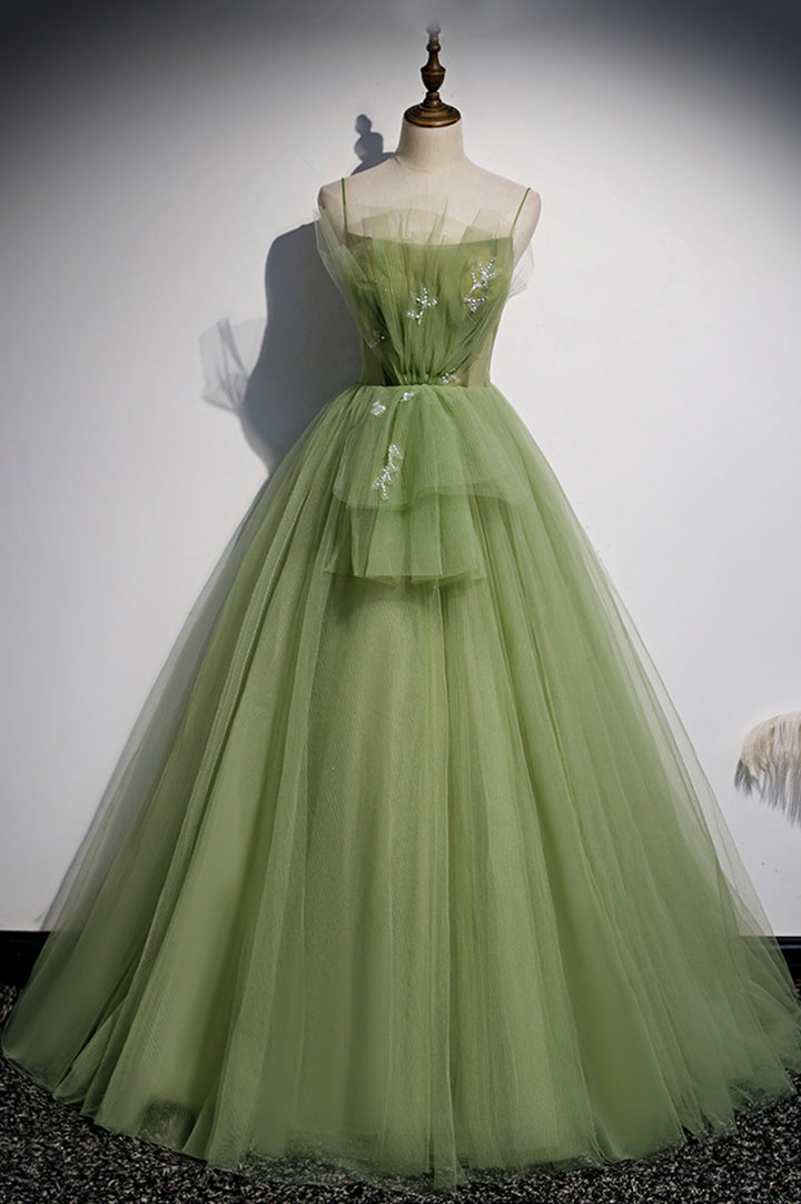 Luolandi Green Tulle Long A-Line Prom Dresses Green Spaghetti Straps Evening Dresses Beautiful
