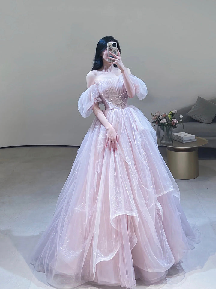 Luolandi Pink Tulle Off Shoulder Long Formal Dress Beautiful A-Line Pink Prom Dress Floor Length
