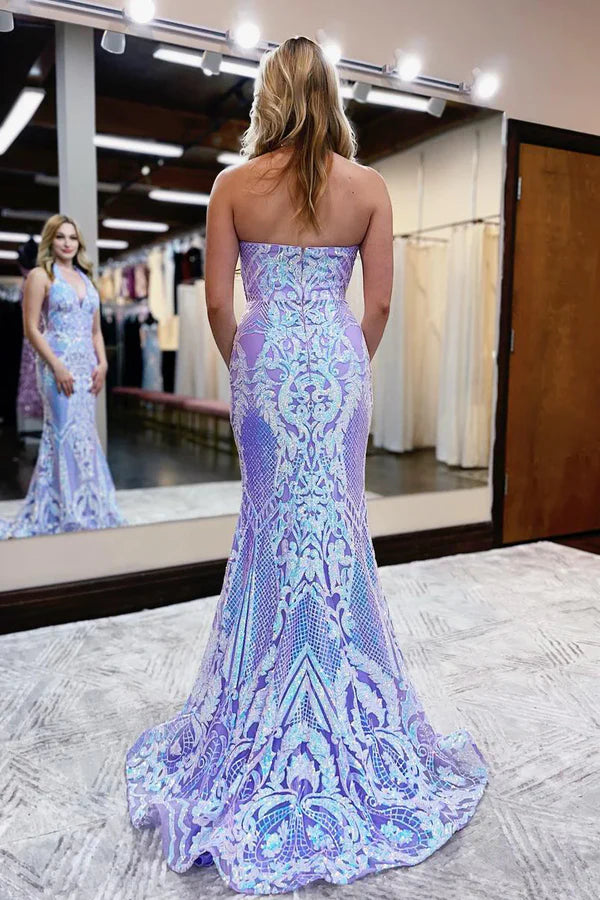 Luolandi Charming Mermaid Halter Lavender Sequin Lace Long Prom Dresses with Train Elegant