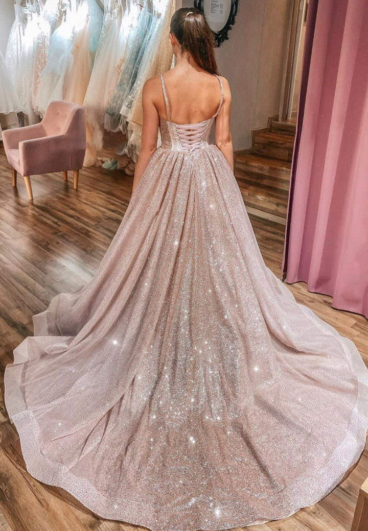 Luolandi Sparkling Tulle Sequins Long Prom Dresses A-Line Evening Dresses Sparkly