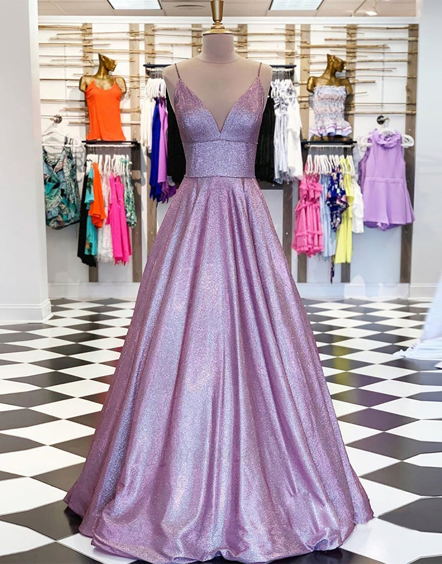 Luolandi A-Line Spaghetti Straps Long Prom Dress with Pockets V-neck Sexy Evening Dress