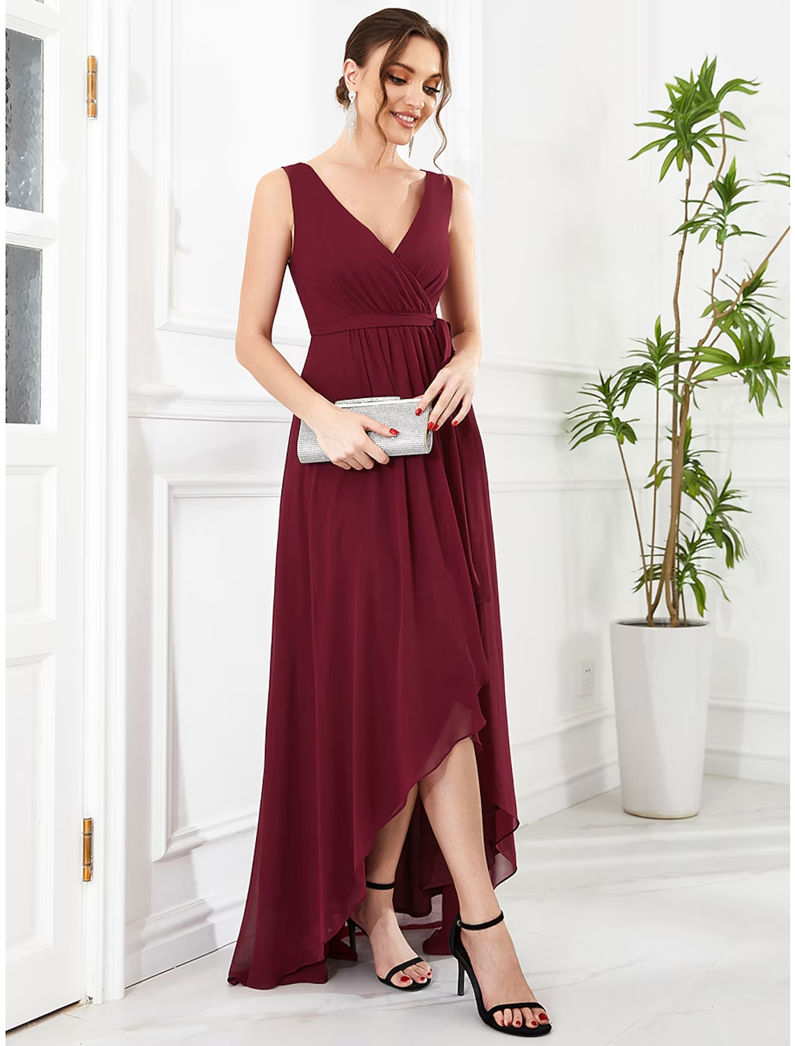 Luolandi A-Line Wedding Guest Dresses Elegant Dress Party Wear Asymmetrical Sleeveless V Neck Chiffon with Ruffles