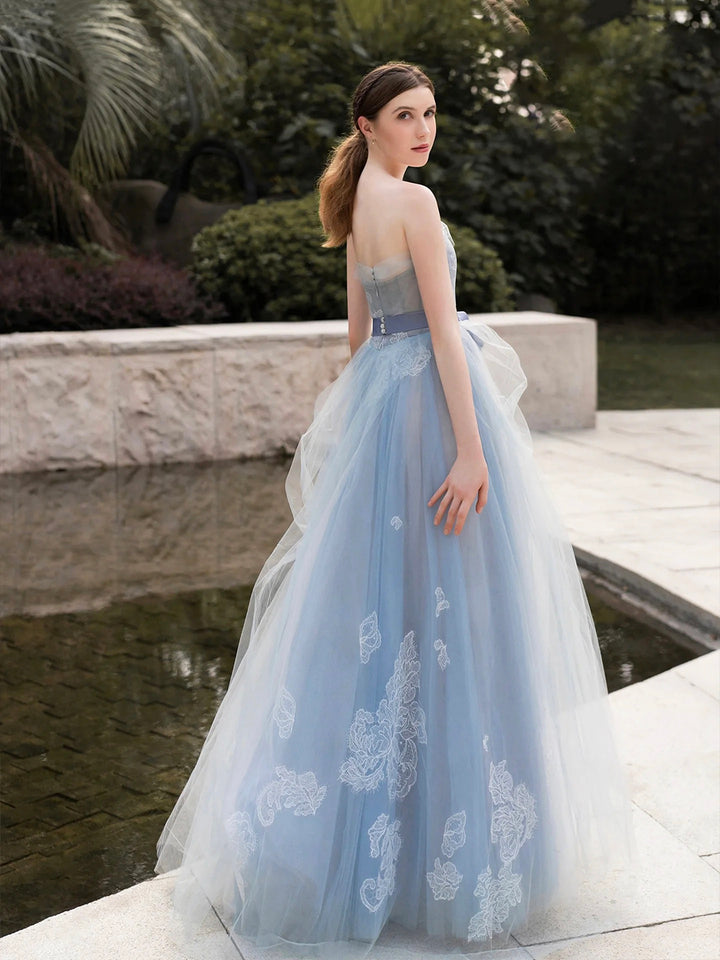 Luolandi Grey-Blue Strapless Lace Long Prom Dress A-Line Tulle Evening Party Dress Off Shoulder