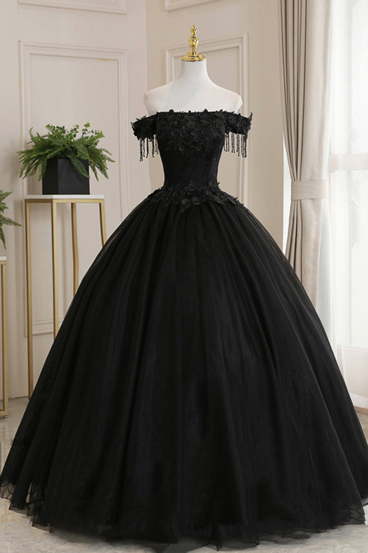 Luolandi Black Tulle Lace Off the Shoulder Prom Dress A-Line Evening Dress