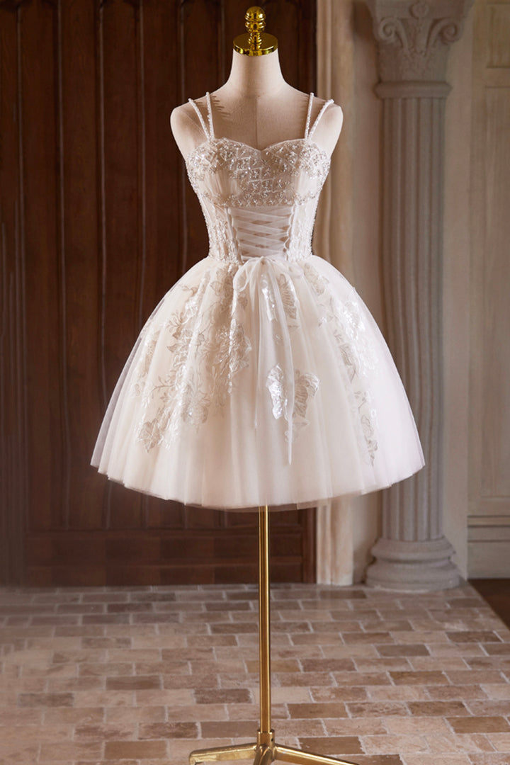 Luolandi Sweetheart A-Line Tulle Beaded Short Prom Dress Spaghetti Strap Party Dress Lovely Homecoming Dresses