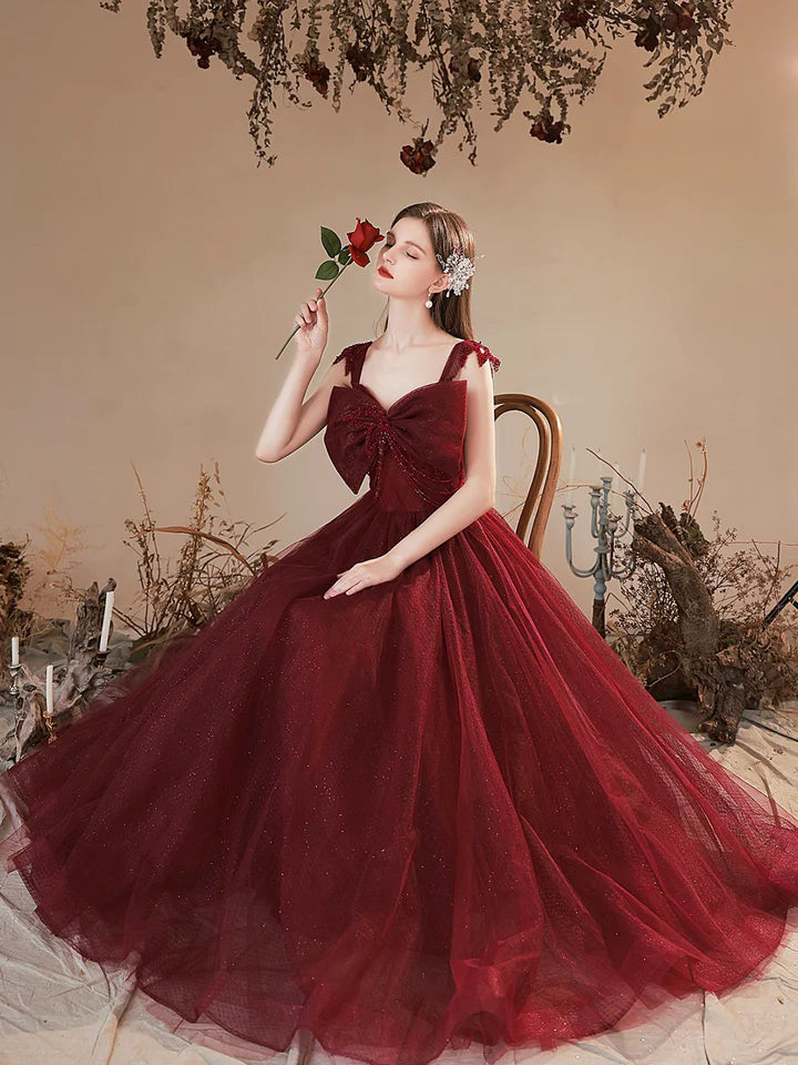 Luolandi Burgundy Tulle Long Prom Dress Lovely A-Line Evening Party Dress with Bow Floor Length