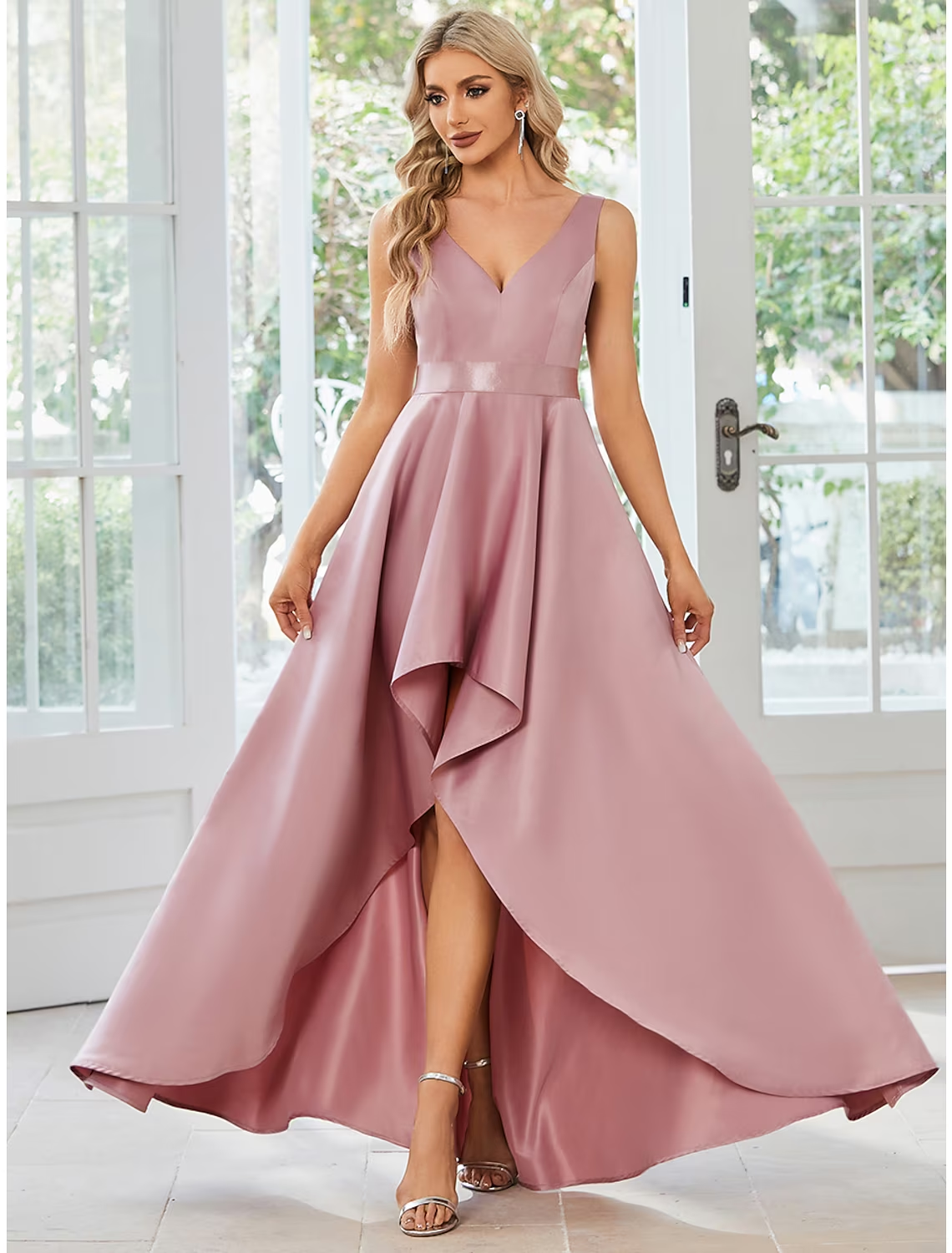Luolandi A-Line Wedding Guest Dresses Casual Dress Party Wear Asymmetrical Sleeveless V Neck Satin with Ruffles