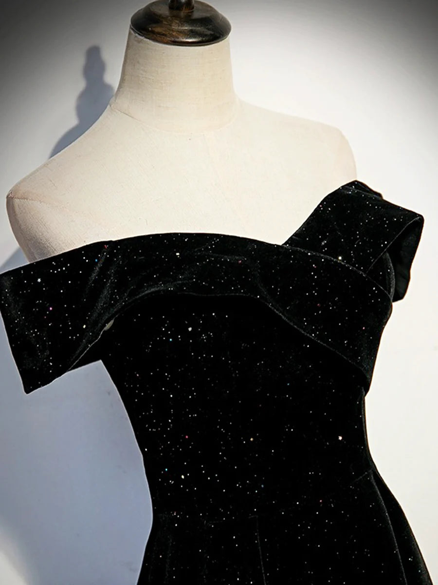 Luolandi Black Velvet Long Prom Dress Black Off the Shoulder Evening Party Dress Sexy