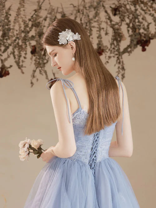 Luolandi Light Blue Tulle with Lace Straps A-line Prom Dress Straps Evening Dress Elegant