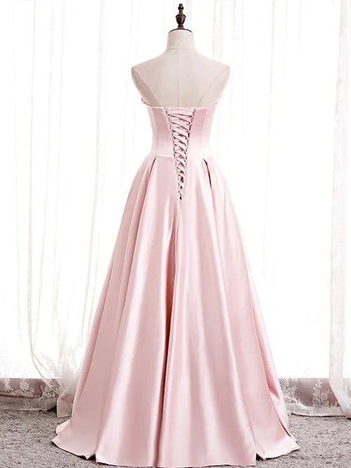 Luolandi Strapless A-line Pink Satin Prom Dresses Long Party Dress Off Shoulder Elegant Evening Dress