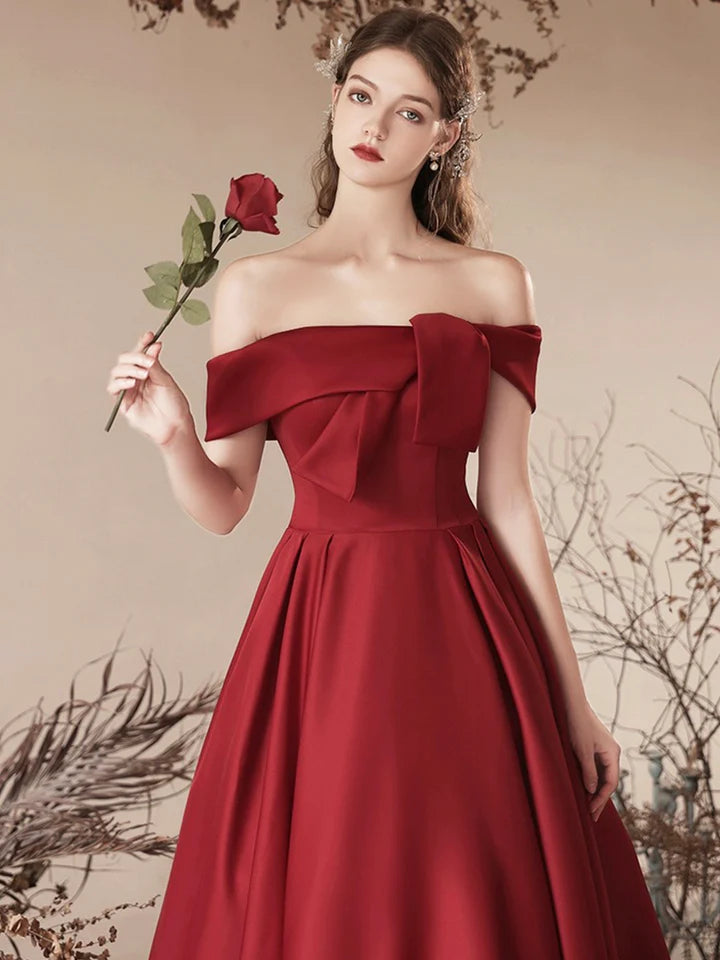 Luolandi Burgundy Satin Long Prom Dress Off the Shoulder Evening Party Dress Sexy